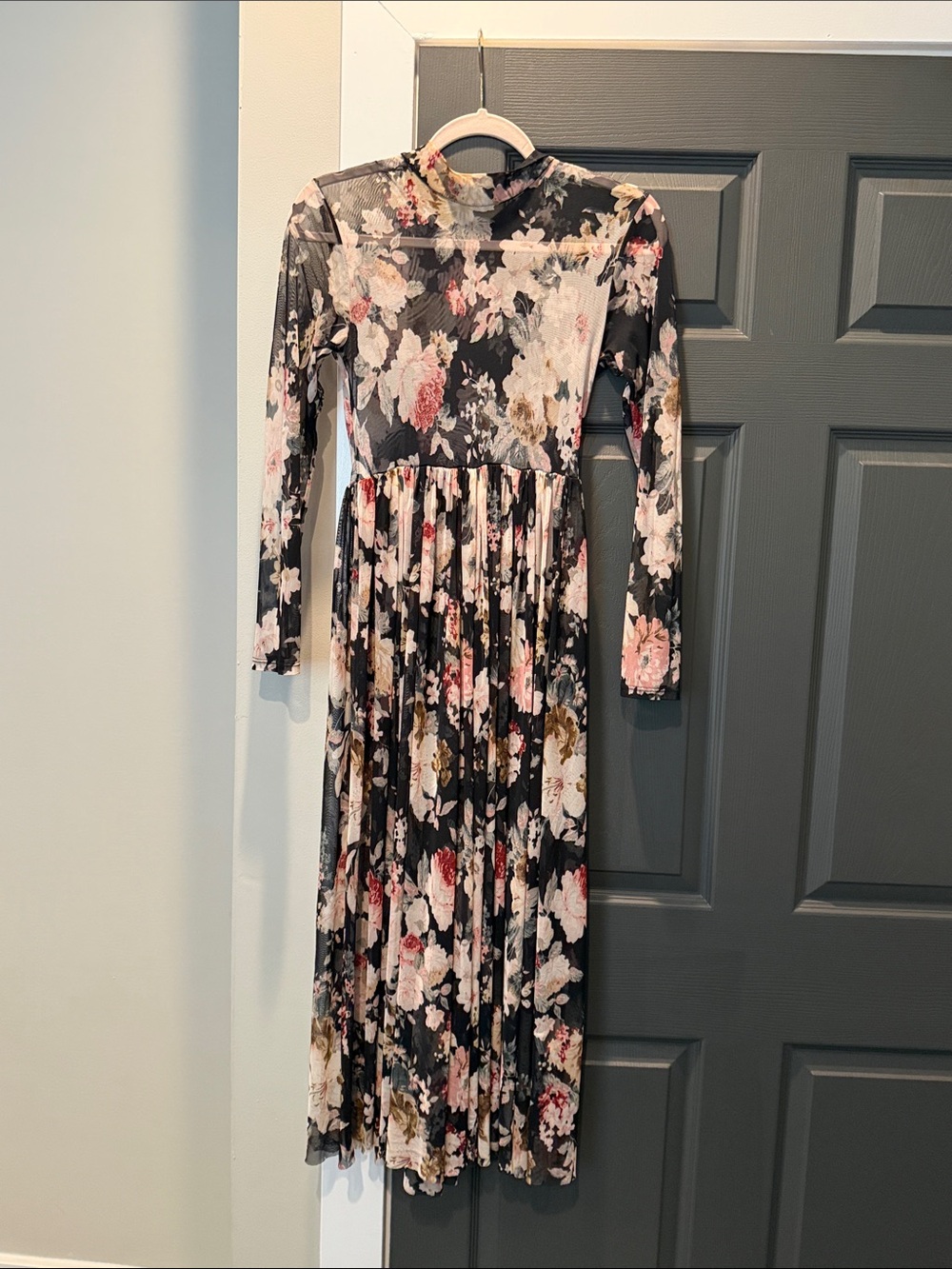SHEIN Black Floral Long Sleeve Mesh Midi Dress